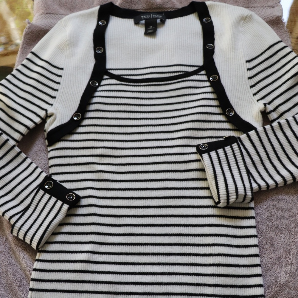 White House Black Market Black and White Thin Stripe Scoop Neck Sweater